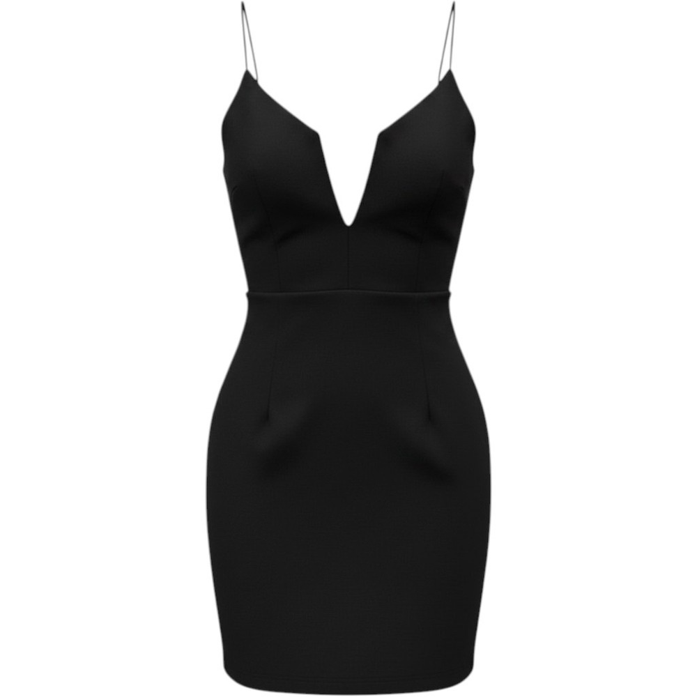 Idol Bodycon Dress Women Small Black Deep V-Neck Spaghetti Strap Mini